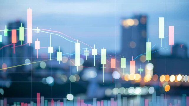 Stock market financial chart with candlestick chart and bar graph overlay showing trading data and market analysis on blurred cityscape background for investment and business finance