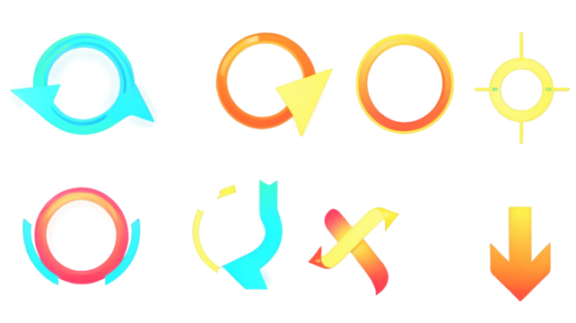 Set of Colorful Neon Arrow Icons: Curved, Double, Circular Designs for Interactive and UI Design, Transparent PNG for Creative Projects