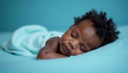 Peaceful slumber, dark-skinned infant on calming blue, cuddly, portrait