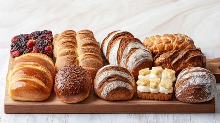 Fototapeta premium Artisanal breads and pastries on wooden board