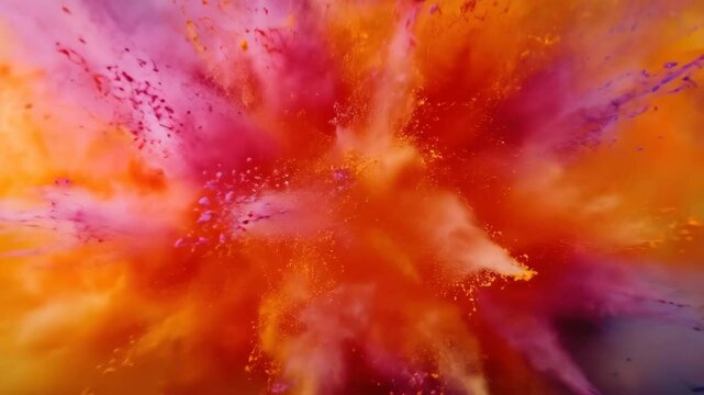 Colorful powder explosion in slow motion. Vivid orange, pink, and yellow pigments burst, creating a vibrant cloud with a central copy space.