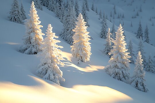 A tranquil winter scene featuring snow-covered trees glistening in the sunlight, highlighting the serene beauty of a quiet landscape after a fresh snowfall.