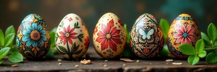 Fototapeta premium Intricate egg designs displayed on a rustic wooden surface with greenery , illustration, wood