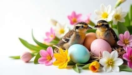 Pastel quail eggs nestled amongst vibrant spring blooms on white , holiday, decoration, Easter