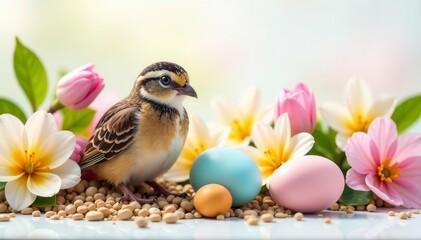 Pastel quail eggs nestled amongst vibrant spring blooms on white , beauty, floral