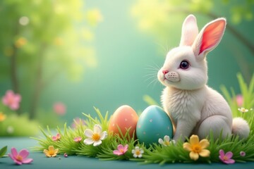 Realistic painted eggs with fluffy bunny tail, spring greenery , illustration, painted, card
