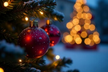 Sparkling Christmas tree ornaments, outdoor night scene, close up, pine, winter