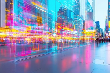 Urban reflections create a vibrant, abstract cityscape with colorful blurs of light