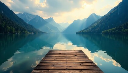 Still lake reflects sunlit mountains; wooden dock extends into water , tree, dock view, quiet