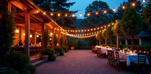 String lights cast a magical glow on an outdoor venue, creating an elegant ambiance, backyard, sophisticated