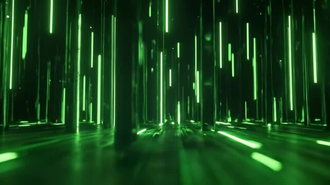 Abstract green neon light beams illuminating a dark space, creating a futuristic and technological atmosphere with dynamic reflections and motion.