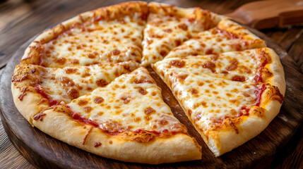 Delicious homemade margarita pizza with melted cheese on rustic wooden board