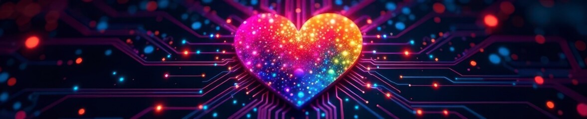 Vibrant rainbow heart, intricate microchip circuit overlay, rainbow heart, network