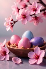 Vibrant dyed eggs nestled in delicate pink cherry blossoms , beautiful, texture