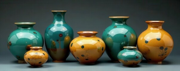 Vibrant glazed ceramic vessels Rich blues, greens, golds , Central Asia, shiny, colorful