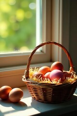 Vibrant eggs in woven baskets bask in sunlight on a windowsill , photography, nature, cheerful