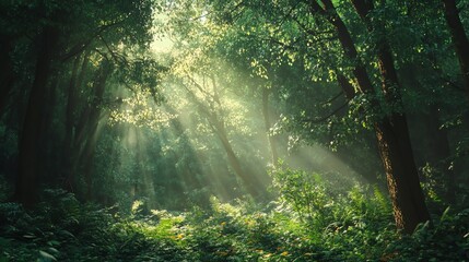 Digital illustration of a sunlit forest path with dappled light and lush greenery.