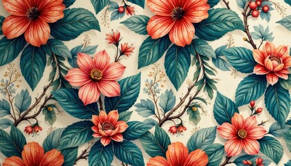 Fototapeta premium Elegant botanical motifs repeating seamlessly for interior design applications , fabric, spring, leaf