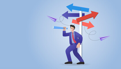 businessman with arrows, holding binoculars. Way of success concept. Abstract business , modern vector, flat design and illustration.
