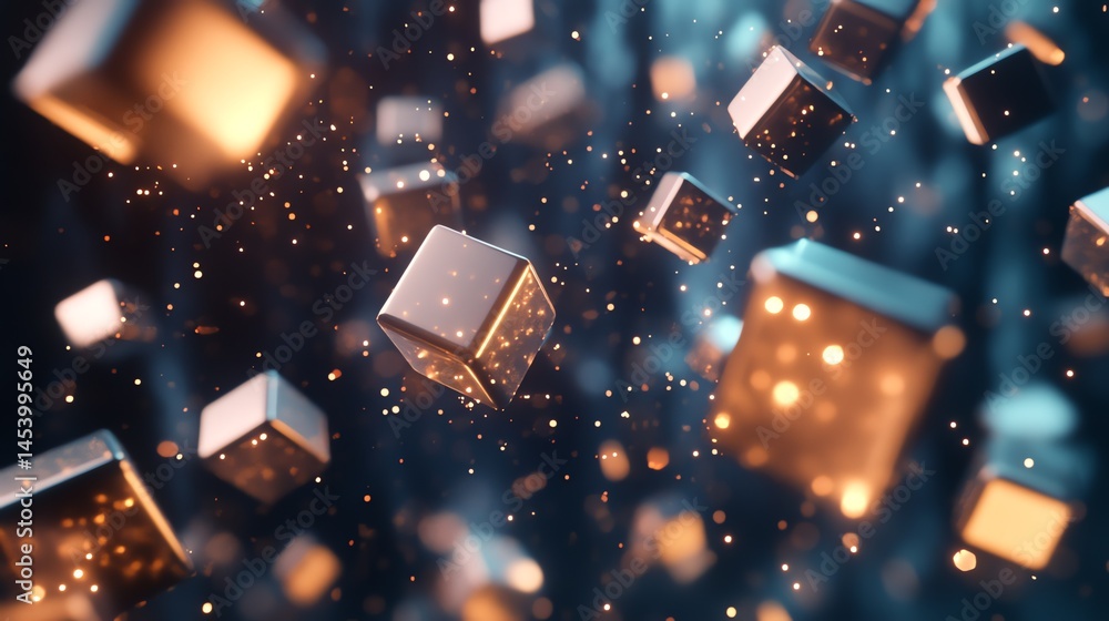 Poster 3d render of glowing gold cubes suspended in a dark, speckled space with floating particles.