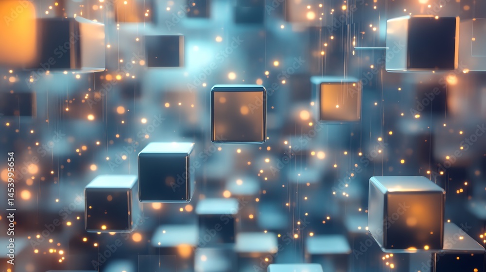 Poster 3d render of floating cubes suspended in a luminous, teal-blue void with scattered golden sparks.