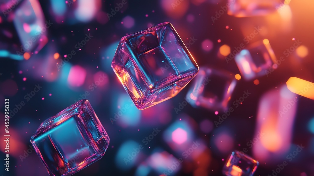 Poster 3d render of shimmering translucent cubes floating in a vibrant, dark, bokeh background.
