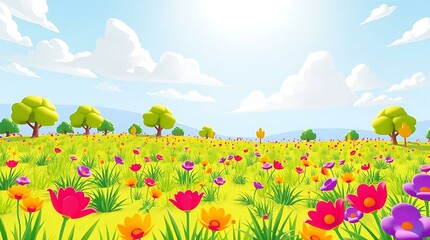 Fototapeta premium colorful cartoon flower meadow with green trees and blue sky on a sunny day