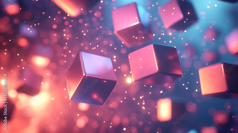 Poster 3d render of red cubes floating in a vibrant, sparkling blue and orange nebula effect.