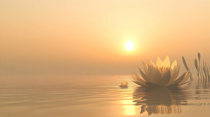 Golden tranquility: Lotus flower blooming in a serene landscape at sunrise