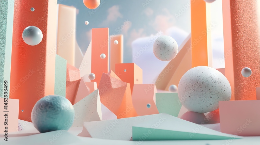 Poster 3d render of geometric shapes floating in a pastel, abstract environment.