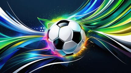 Bright and energetic soccer-themed abstract design with motion trails, geometric shapes, and vivid gradients 
