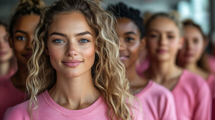 Fototapeta premium A diverse group of women in pink shirts, one woman prominently in the foreground, conveying unity and empowerment