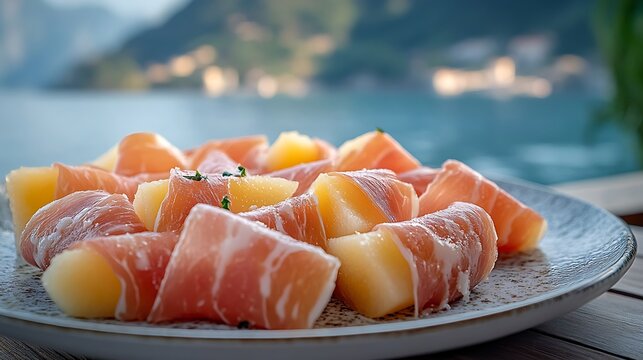 A plate of prosciutto e melone centered, side view, juicy melon wrapped in prosciutto, on a ceramic plate, Amalfi coast backdrop