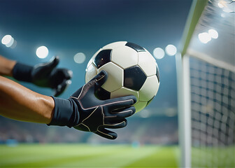 Professional football soccer player male hands in gloves trying to catch a soccer ball flying into the goal net, close-up horizontal view.