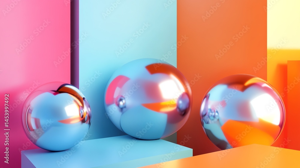 Poster 3d render of three mirrored spheres on colorful geometric platforms.