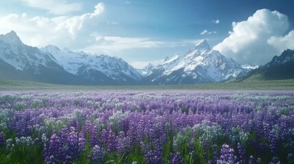 Vibrant Purple And White Wildflower Meadow With Snow Capped Mountains