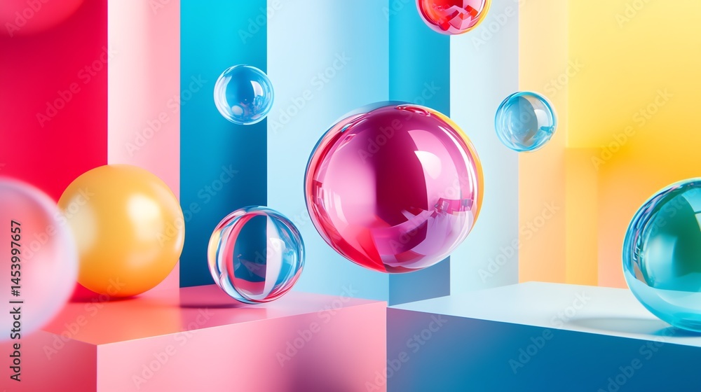 Poster 3d render of spheres floating on geometric blocks in a vibrant color palette.