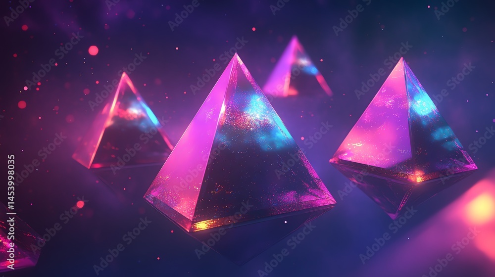 Poster 3d render showcases translucent pink and blue pyramids amidst a cosmic nebula backdrop with scattere