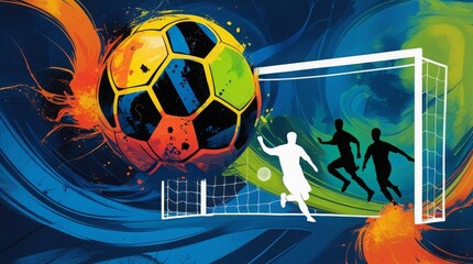  Colorful abstract art with soccer icons like balls, goals, and player silhouettes blended into a modern design