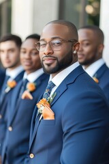 Groom wearing blue suit and glasses posing with groomsmen at wedding ceremony
