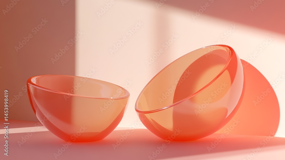 Poster 3d render of two translucent orange bowls resting on a pink backdrop with strong light casting drama