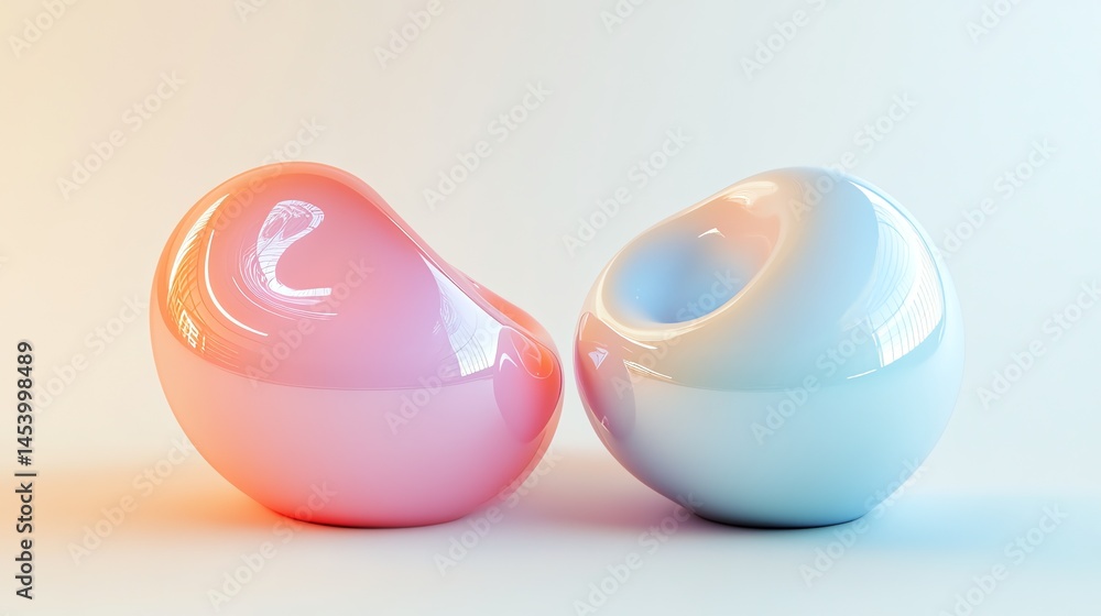 Poster 3d render of two glossy, symmetrical, pastel-colored egg-shaped objects on a light background.