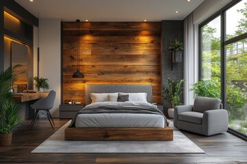 Modern bedroom interior design featuring a wooden wall.