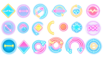 Collection of Glowing Neon Arrow Icons in Different Styles: Curved, Double, Circular, Transparent PNG Format for Digital Projects

