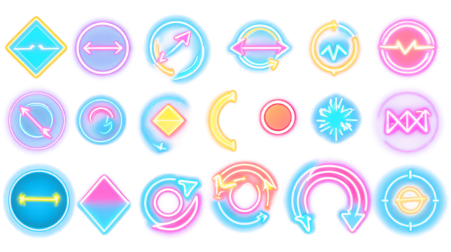 Collection of Glowing Neon Arrow Icons in Different Styles: Curved, Double, Circular, Transparent PNG Format for Digital Projects

