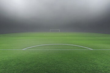 Empty soccer field, foggy stadium
