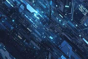 Abstract close-up of a glowing blue digital circuit board, showcasing intricate connections and technological design on a black background.
