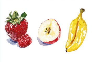 Vibrant assortment of fresh fruits including strawberries, apples, and bananas on white backdrop