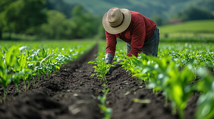 A farmer in a red shirt and straw hat tends to young corn plants in a neatly-rowed field