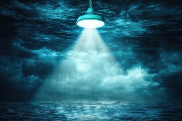 Underwater lamp illuminates stormy sky